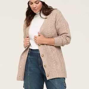 Lane Bryant Cardigan Sweater Button Size 26-28 Tan Brown Cozy Fall Cable Knit